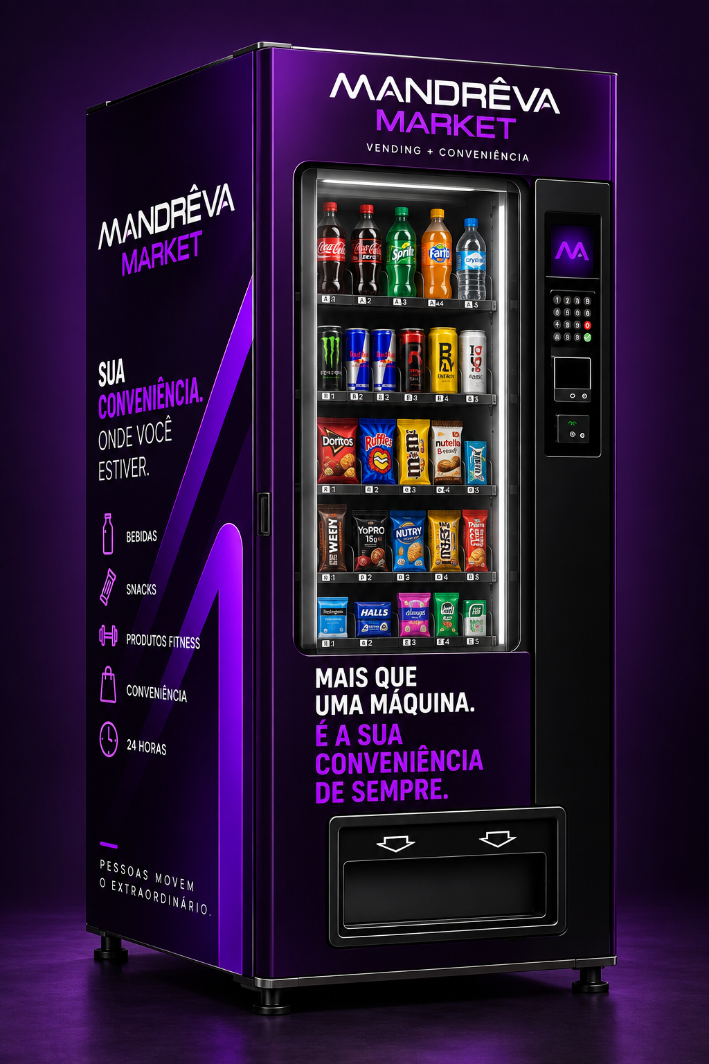 Geladeira vending machine MANDRÊVA MARKET para autosserviço de bebidas, snacks e produtos fitness.